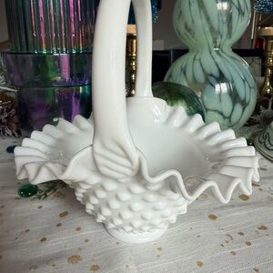 Fenton White Hobnail Milk Glass Basket EUC